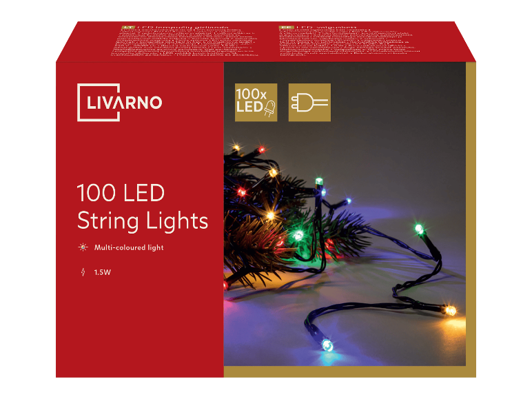 Monivärisen Livarno LED-valoketjun pakkaus, jossa on 100 valoa.