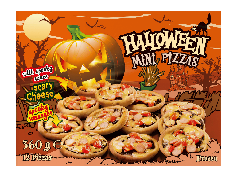 Halloween Mini Pizzas -pakkaus, jossa on pelottava kurpitsa ja minipizzoja makkaralla.