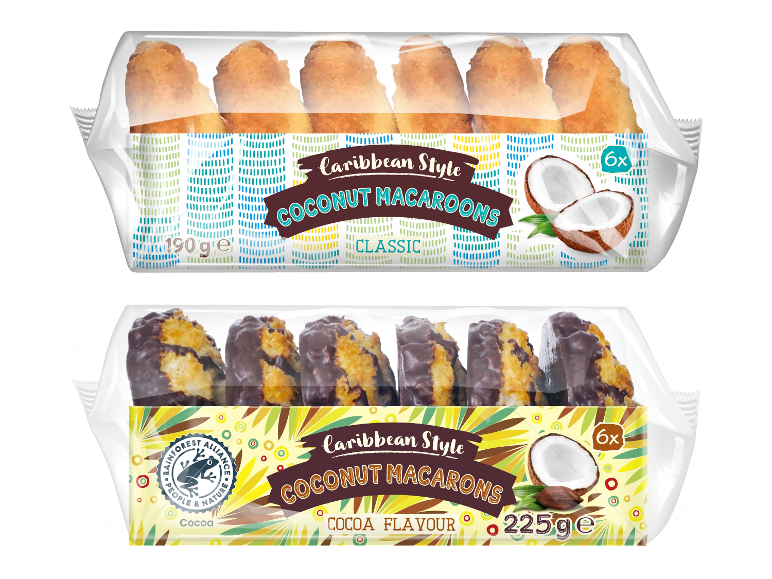 Klassiset ja kaakaonmakuiset kookosmakronit 190 g ja 225 g pakkauksissa.