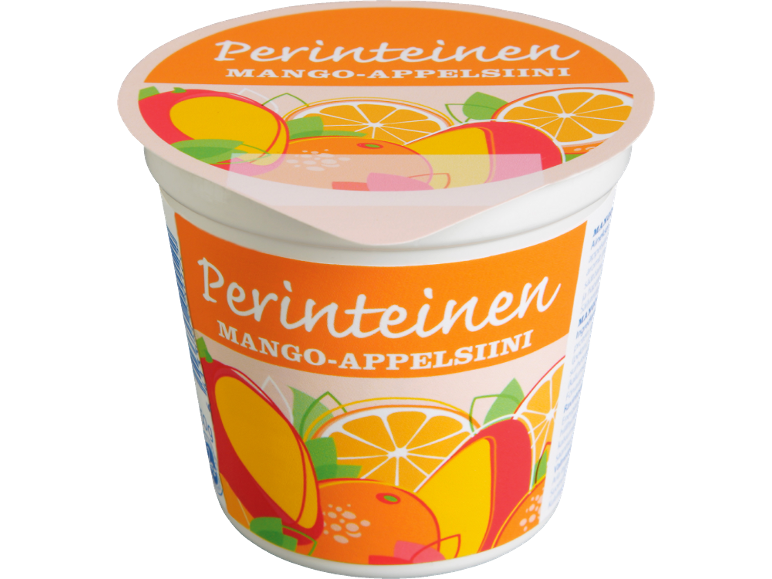 Mangon-appelsiininmakuinen jogurttipurkki, jossa lukee ”Perinteinen”.