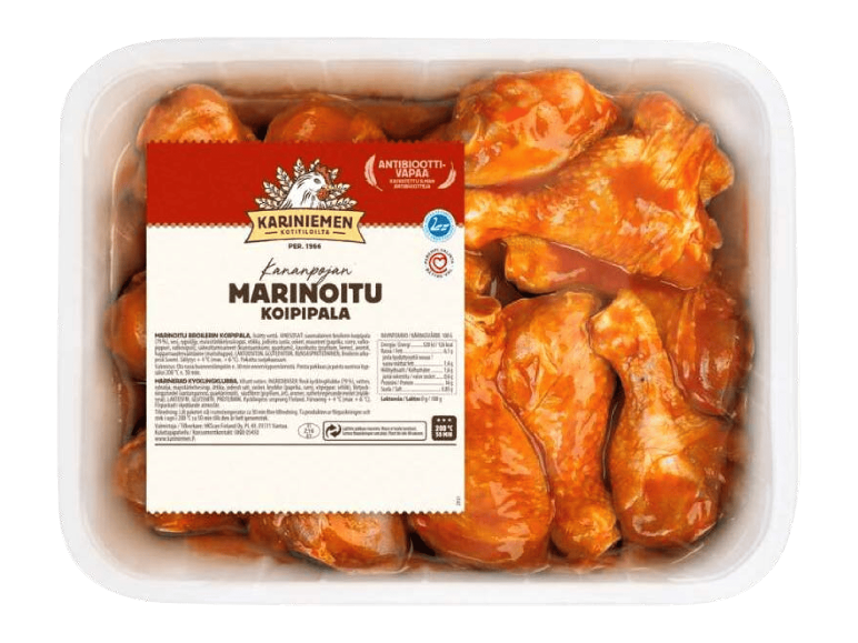 Marinoidut broilerin koipipalat muovipakkauksessa.