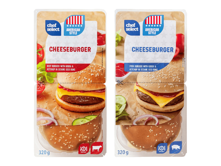 Chef Select amerikkalaistyyliset naudan- ja porsaanlihajuustohampurilaiset 320g pakkauksissa.