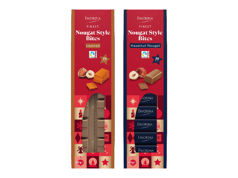 Favorina Nougat Style Bites varianteissa Layered ja Hazelnut Nougat ja pakkaus