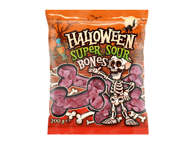 200 g pakkaus Halloween Super Sour Bones -happamia viinikumeja.