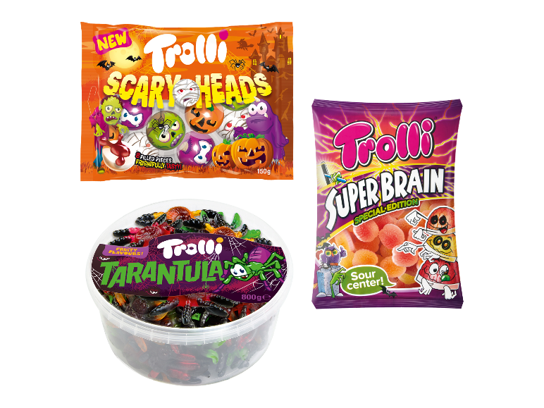 Trolli Fruchtgummi XXL Halloween-aiheiset viinikumit: Scary Heads, Tarantula ja Super Brain.