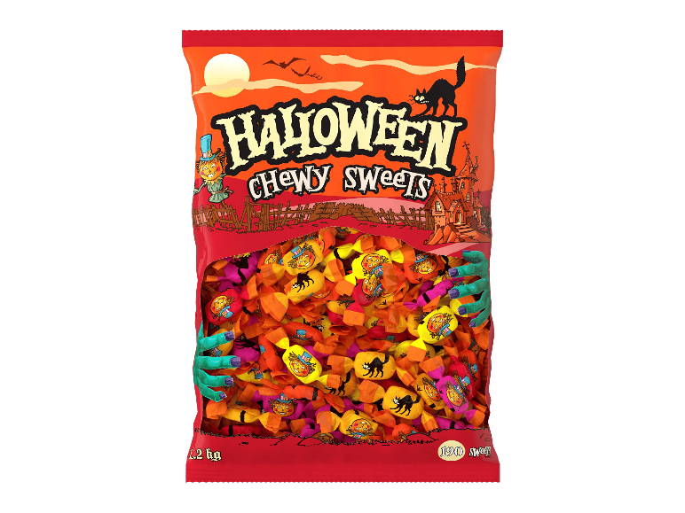 Halloween-hedelmäpureskelukarkit 1,2 kg:n pussissa, jossa on pelottavia kuvioita.