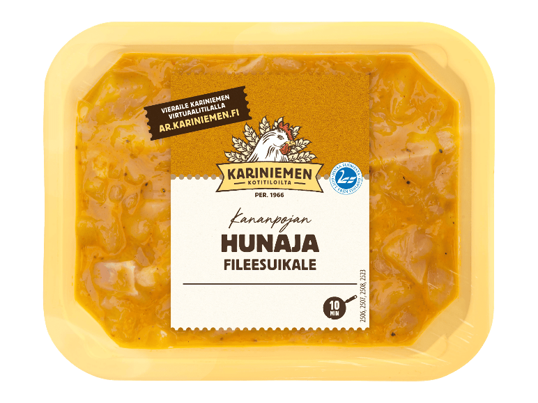 Hunajamarinoituja kananpojan fileesuikaleita keltaisessa rasiassa.