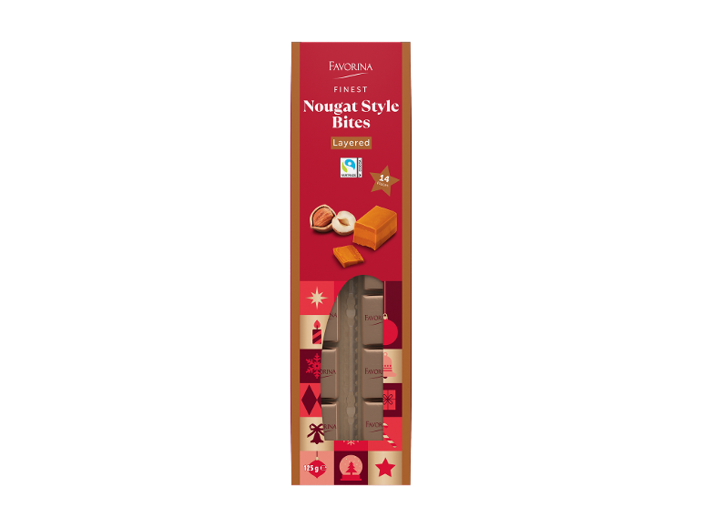 Pitkä punainen pakkaus pähkinöillä ja karamellipaloilla, merkitty 'Nougat Style Bites Layered' ja 14 kappaletta.