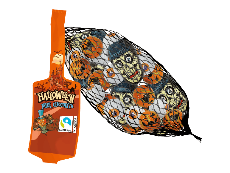 Verkkopussi, jossa on Halloween-maitosuklaata kurpitsojen, pääkallojen ja silmien muodossa.