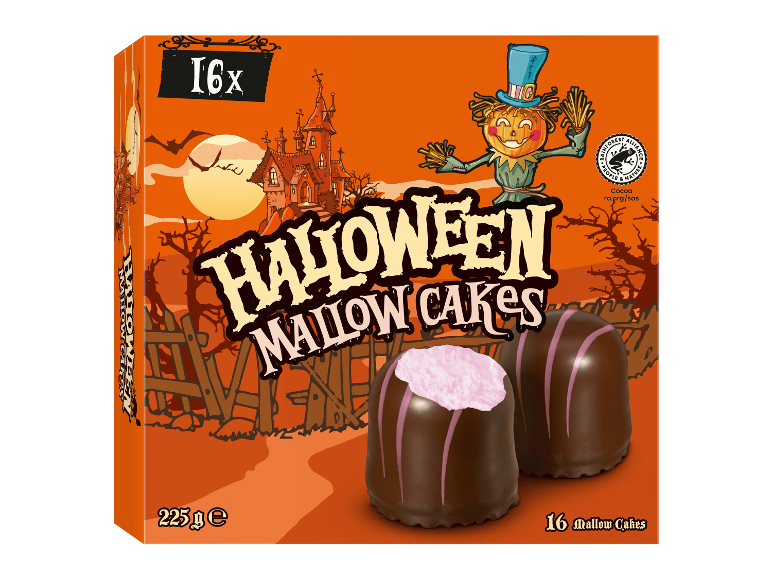 Halloween-aiheinen pakkaus suklaisia Schaumküsse-vaahtokarkkeja.