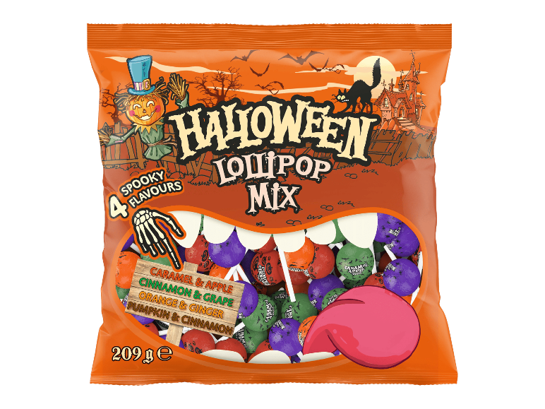 Halloween Lollipop Mix -tikkaripussi pelottavilla mauilla ja kurpitsapelättimellä