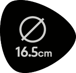 Musta merkki, jossa on yliviivattu ympyrä ja teksti ”16.5cm”.