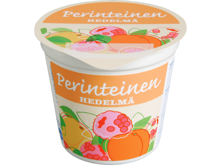 Hedelmäjogurttipurkki, jossa teksti ”Perinteinen Hedelmä” ja hedelmäkuvituksia.