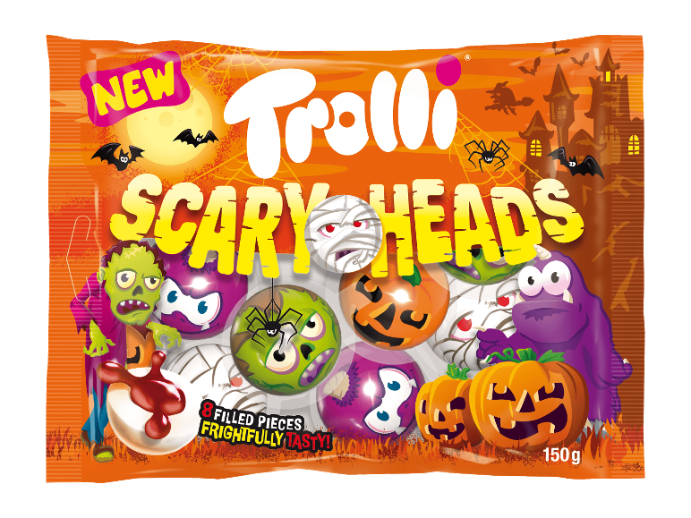 Trolli Scary Heads -hedelmämakeiset Halloween-teemaisessa 150 g pakkauksessa.