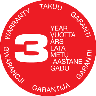 Punainen 3 vuoden takuusinetti tekstillä useilla kielillä.