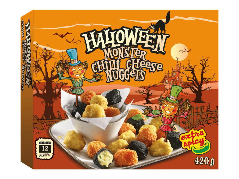 Halloween Monster Chili Cheese Nuggets -pakkaus, tulisia juustonugetteja teeman mukaisesti.