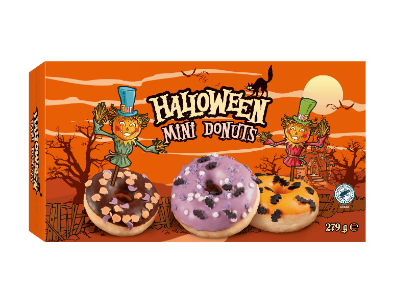 Laatikko Halloween-minidonitseja kolmella eri kuorrutteella ja koristeella.