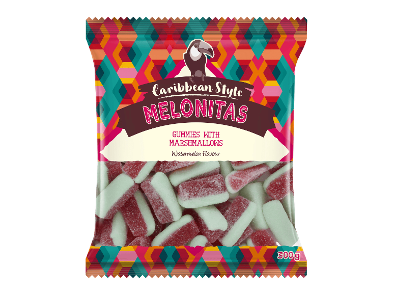 Pussi Caribbean Style Melonitas -vaahtokarkkigumeja vesimelonin makuisena, 300 g.