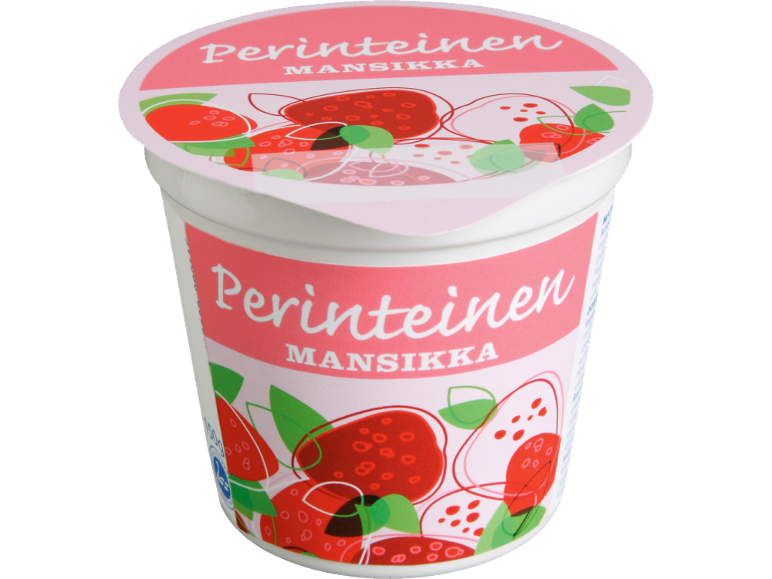 Mansikkajogurttipurkki, jossa teksti 'Perinteinen Mansikka' ja mansikkakuvituksia.