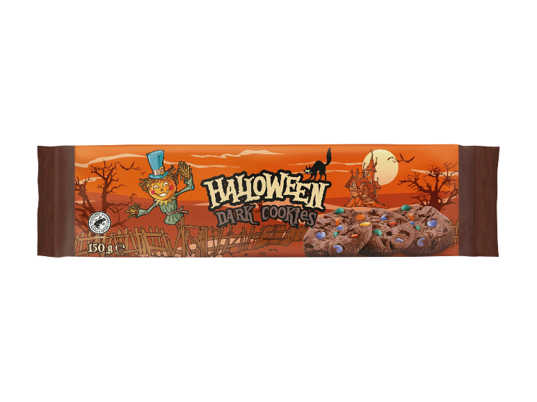 Halloween-suklaakeksit värikkäillä rakeilla teemapakkauksessa.