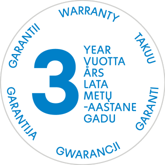 3 vuoden takuuleima useilla kielillä.