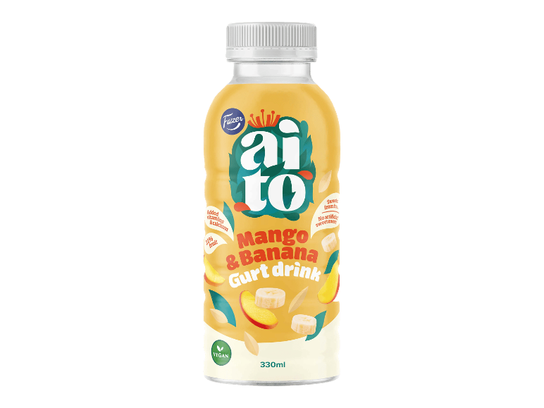 Mango-banaani kaurajuoma 330 ml pullossa.