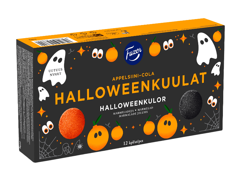Halloween-teemainen appelsiini- ja kolamarmeladirasia.