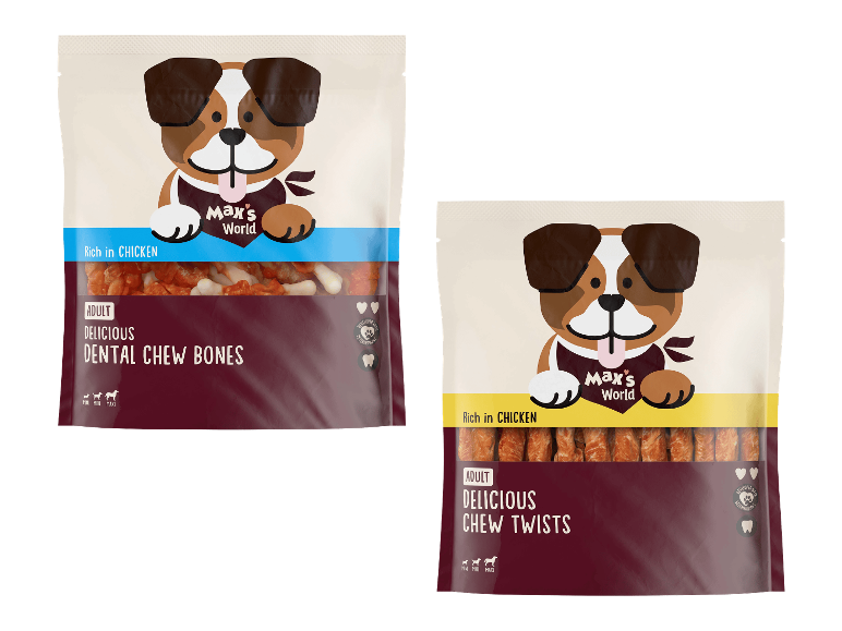 MAX & MILA'S WORLD aikuisten koirien herkut: Delicious Dental Chew Bones ja Delicious Chew Twists.