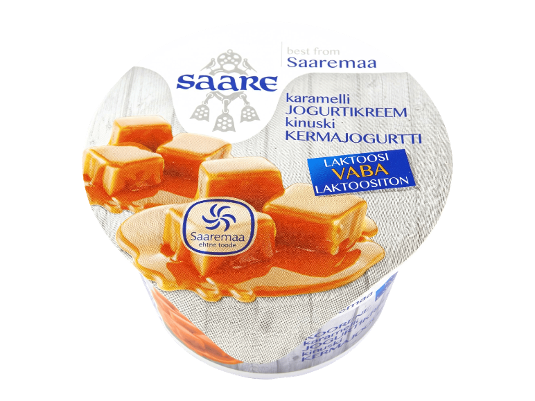 Laktoositon kinuskikermajogurtti purkissa.