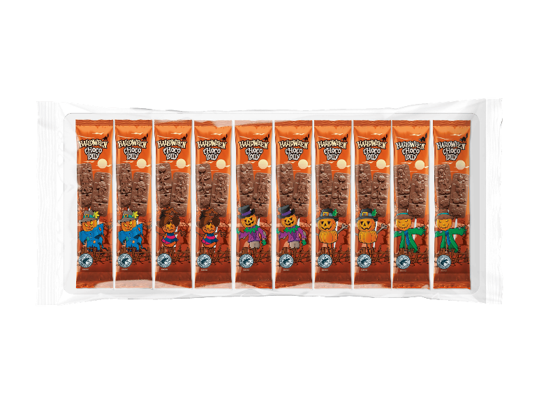 Kymmenen suklaatikkukaramellin pakkaus HALLOWEEN Schoko Lolly teemakuvioinnilla.