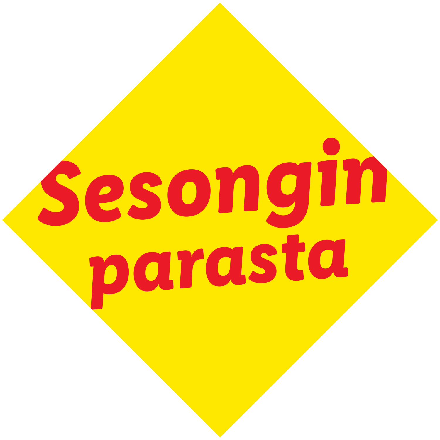 Punainen vinoneliömerkki, jossa keltainen teksti 'Sesongin parasta'.