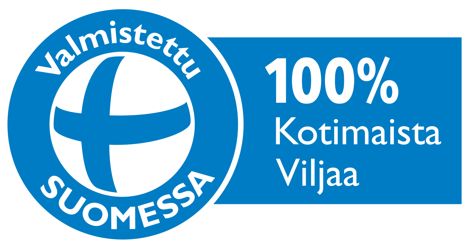 100% Kotimaista Viljaa, valmistettu Suomessa.