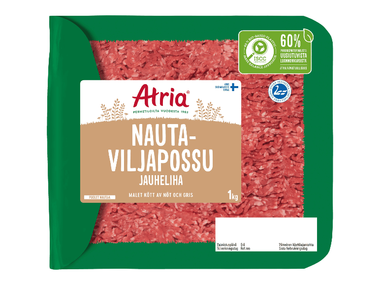 Yhden kilon pakkaus suomalaista nauta-viljapossujauhelihaa.