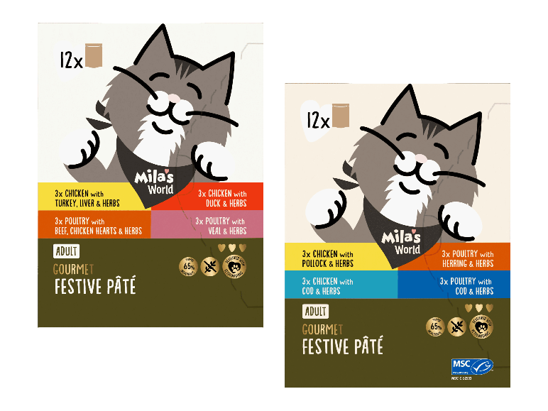 Kissanruokapakkaus Max & Mila's World Mila's World Gourmet Festive Pâté kahtena versiona: kanan-, kalkkunan-, maksan- ja yrttien makuisena sekä kanan-, seitin- ja yrttien makuisena.