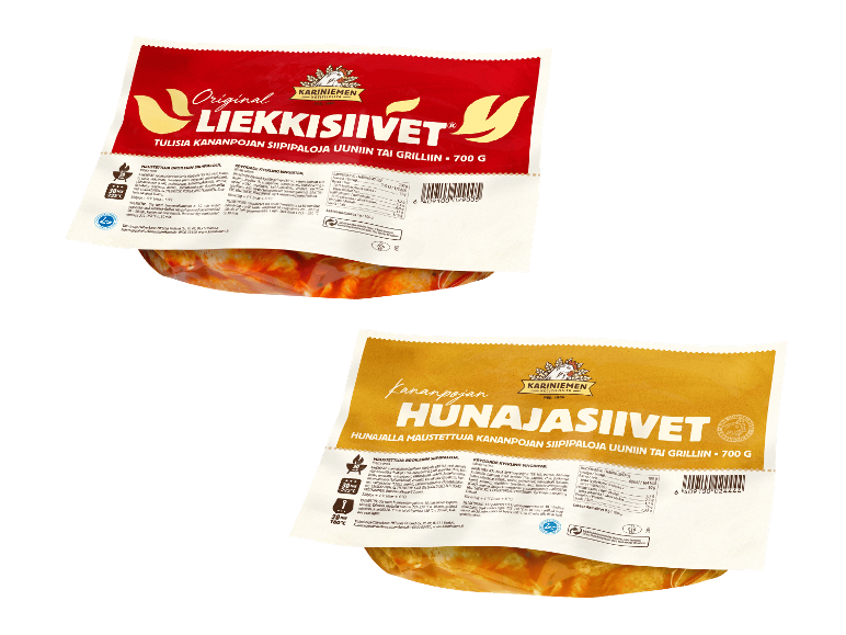 Kaksi pakkausta marinoituja broilerin siipiä chili- ja hunajamakuina.