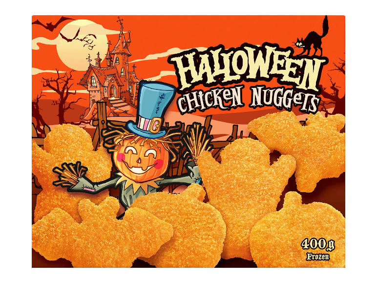 Halloween-kananugettien pakkaus, jossa on pelottavia lepakon, haamun ja kurpitsan muotoja.