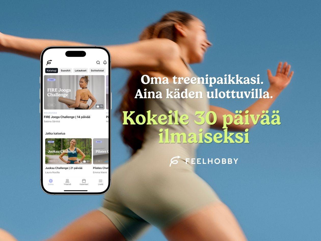 Mobiilisovellus, jossa on jooga- ja juoksuhaasteita, mainostaa 30 päivän ilmaista kokeilua.
