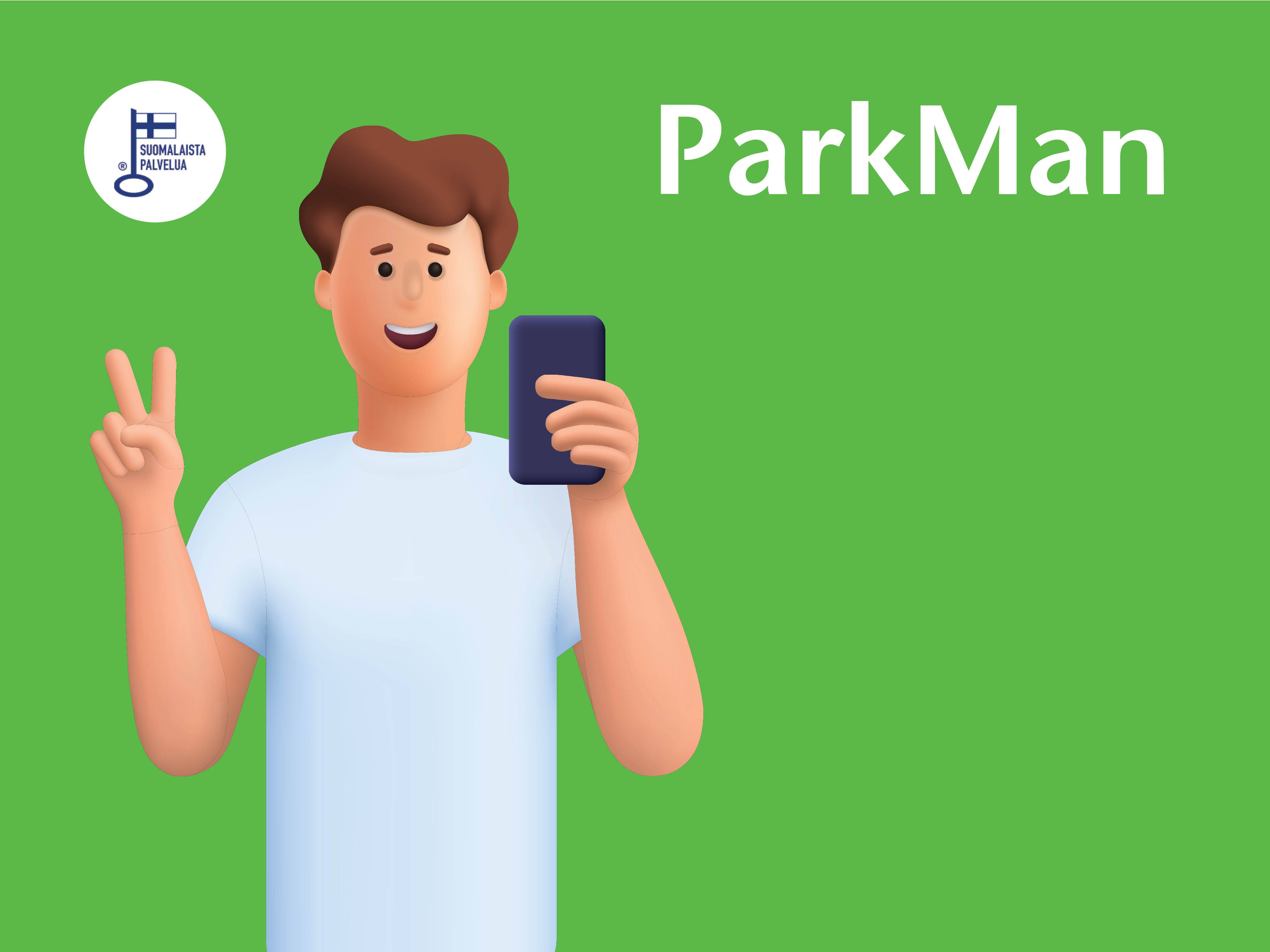 ParkMan-sovellusta käyttävä mies, jolla on Suomalainen Palvelu -merkki.