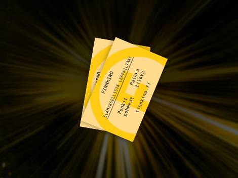 Kaksi keltaista elokuvalippua, joissa lukee 'FINNKINO' ja 'ELÄMYKSELLISTÄ LEFFAILTAA!'