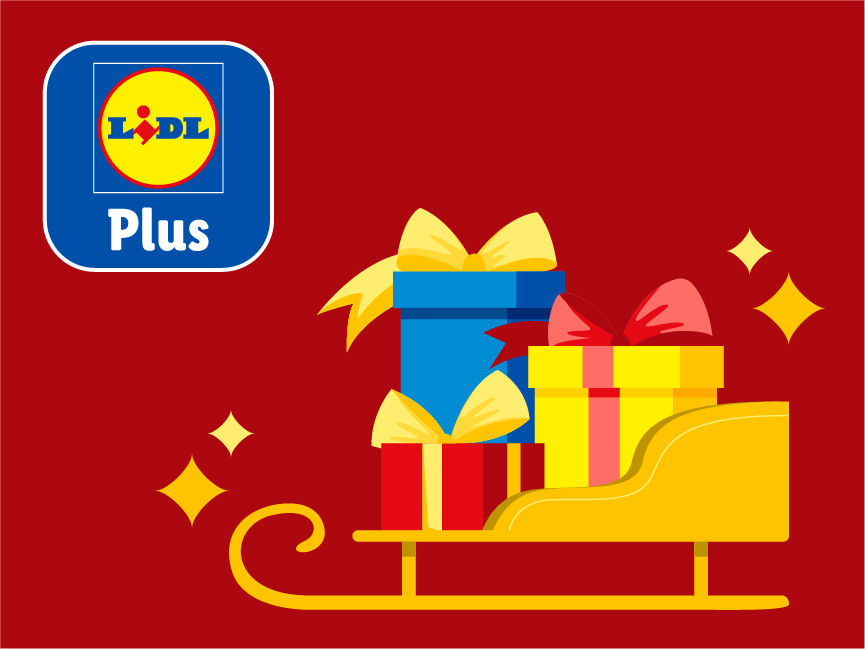 Lidl Plus -sovellus ja lahjapaketteja täynnä oleva kelkka punaisella taustalla.
