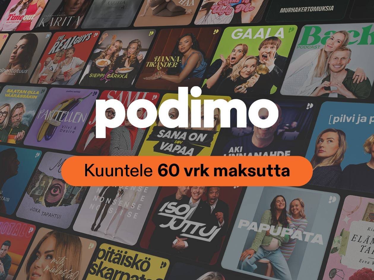 Podimo-sovelluksen näyttö, jossa on useita podcasteja ja mainos: 'Kuuntele 60 vrk maksutta'.