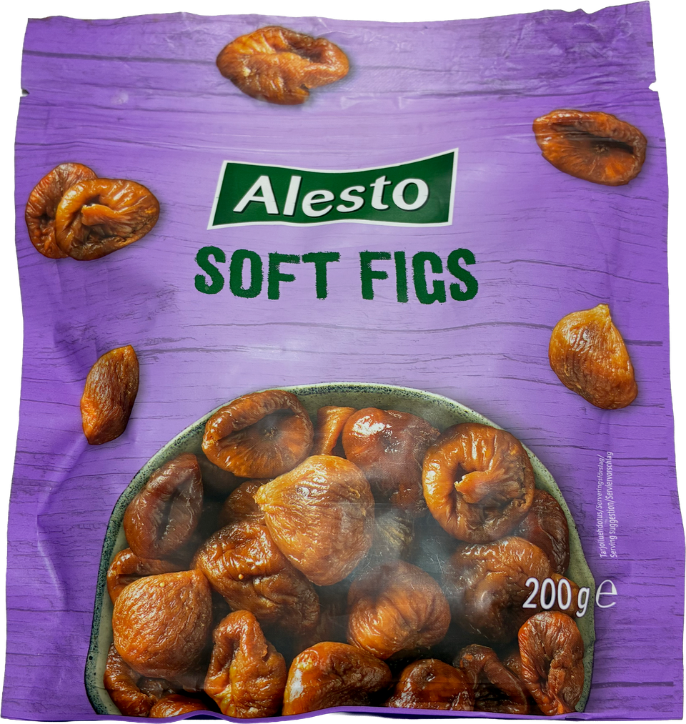 Pehmeitä viikunoita sisältävä pakkaus, jossa on teksti 'SOFT FIGS' ja paino 200 g.