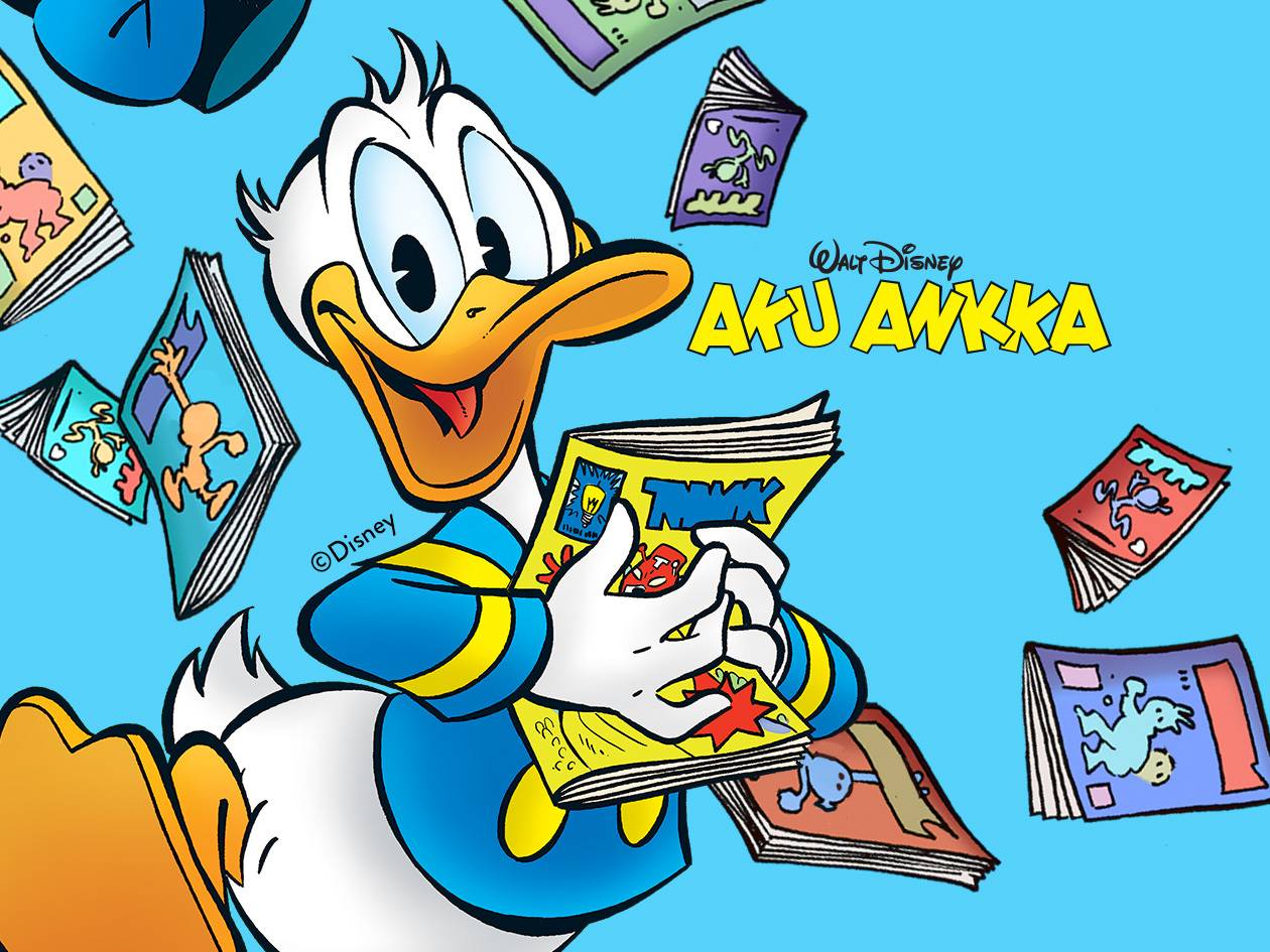 Aku Ankka -sarjakuvia lukeva ankka, taustalla leijuvia sarjakuvia.