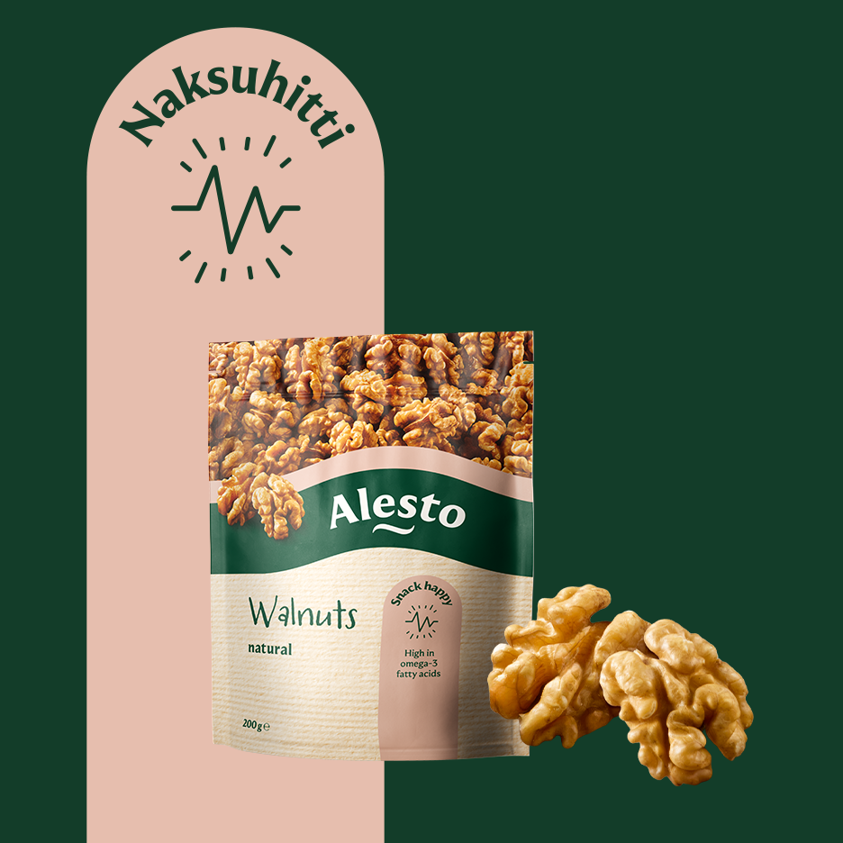 Pähkinäpussi, jossa on saksanpähkinöitä ja teksti
