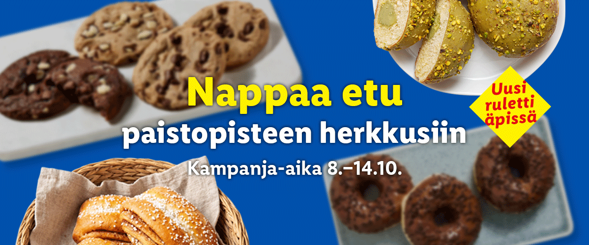 Erilaisia paistopisteen leivonnaisia ja teksti 'Nappaa etu paistopisteen herkkusiin'.