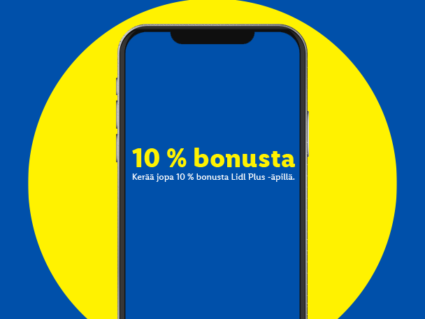 Lidl Plus -sovelluksen mainos: kerää 10 % bonusta.
