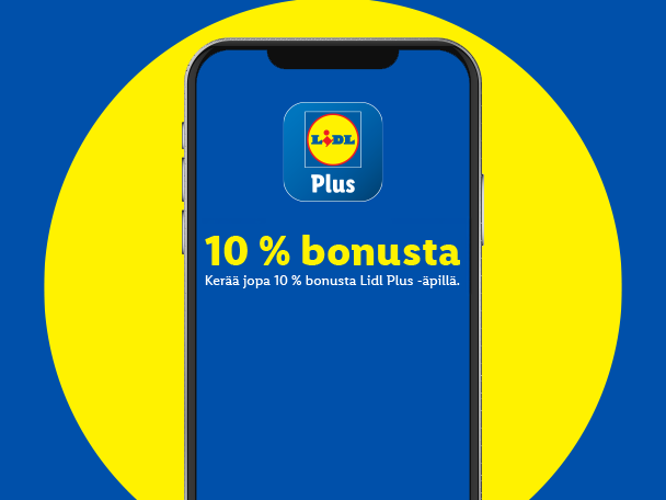 Lidl Plus -sovellus tarjoaa 10 % bonusta.