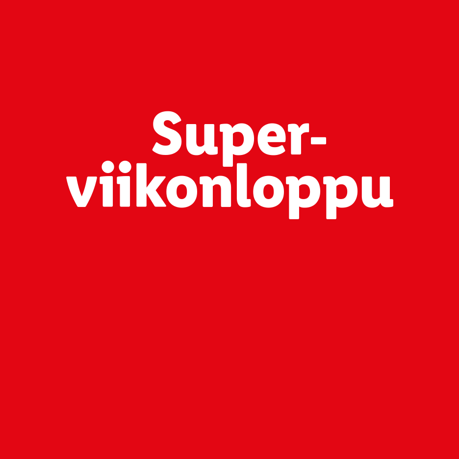 Valkoinen teksti ”Super-viikonloppu” punaisella taustalla.