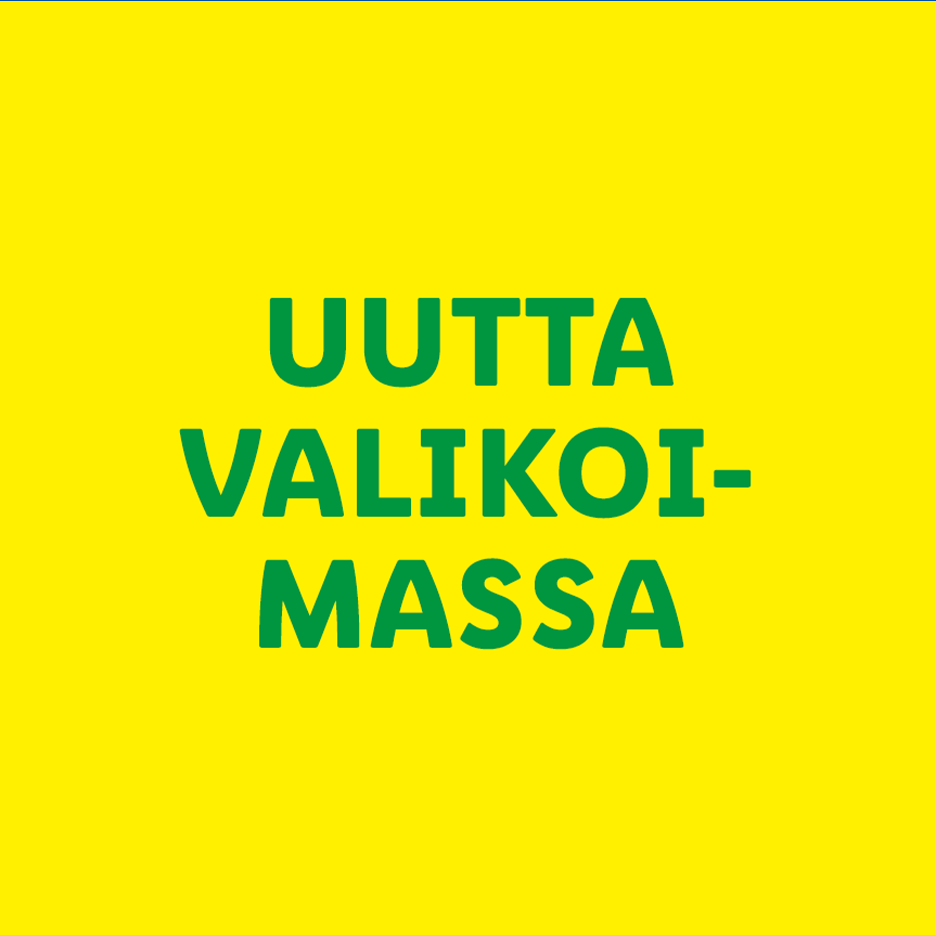 Uutta valikoimassa -teksti keltaisella pohjalla.