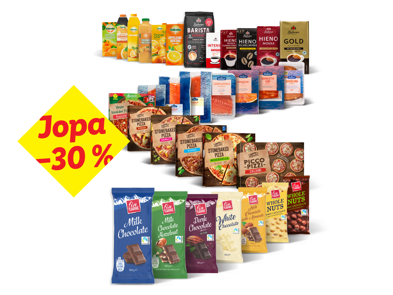 Valikoima elintarvikkeita, kuten mehuja, kahvia, kalaa, pizzoja ja suklaata, joissa on -30 % alennus.